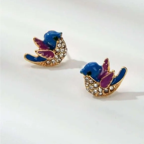 BLUE BIRD RHINESTONE MINIMALIST STUD EARRINGS - Picture 4 of 5